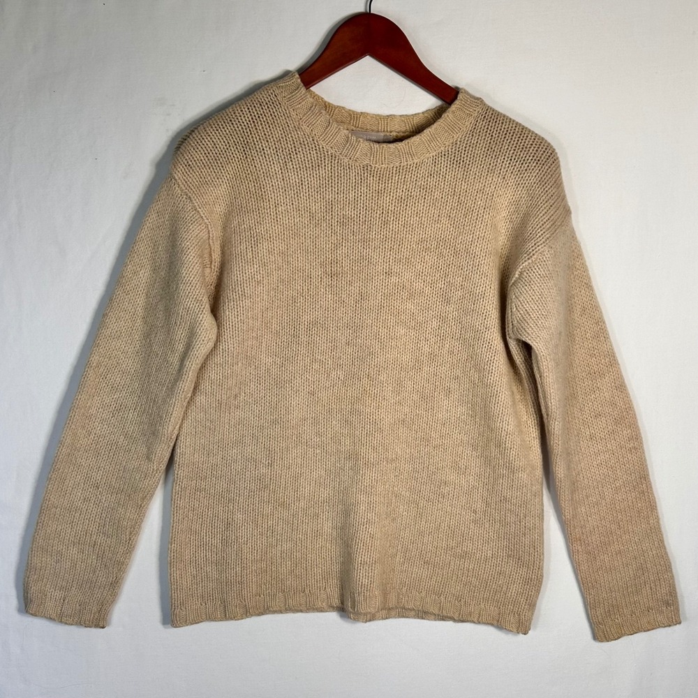 J. Crew Womens Small 100% Wool Crewneck Sweater Oatmeal Beige Chunky Knit Staple
